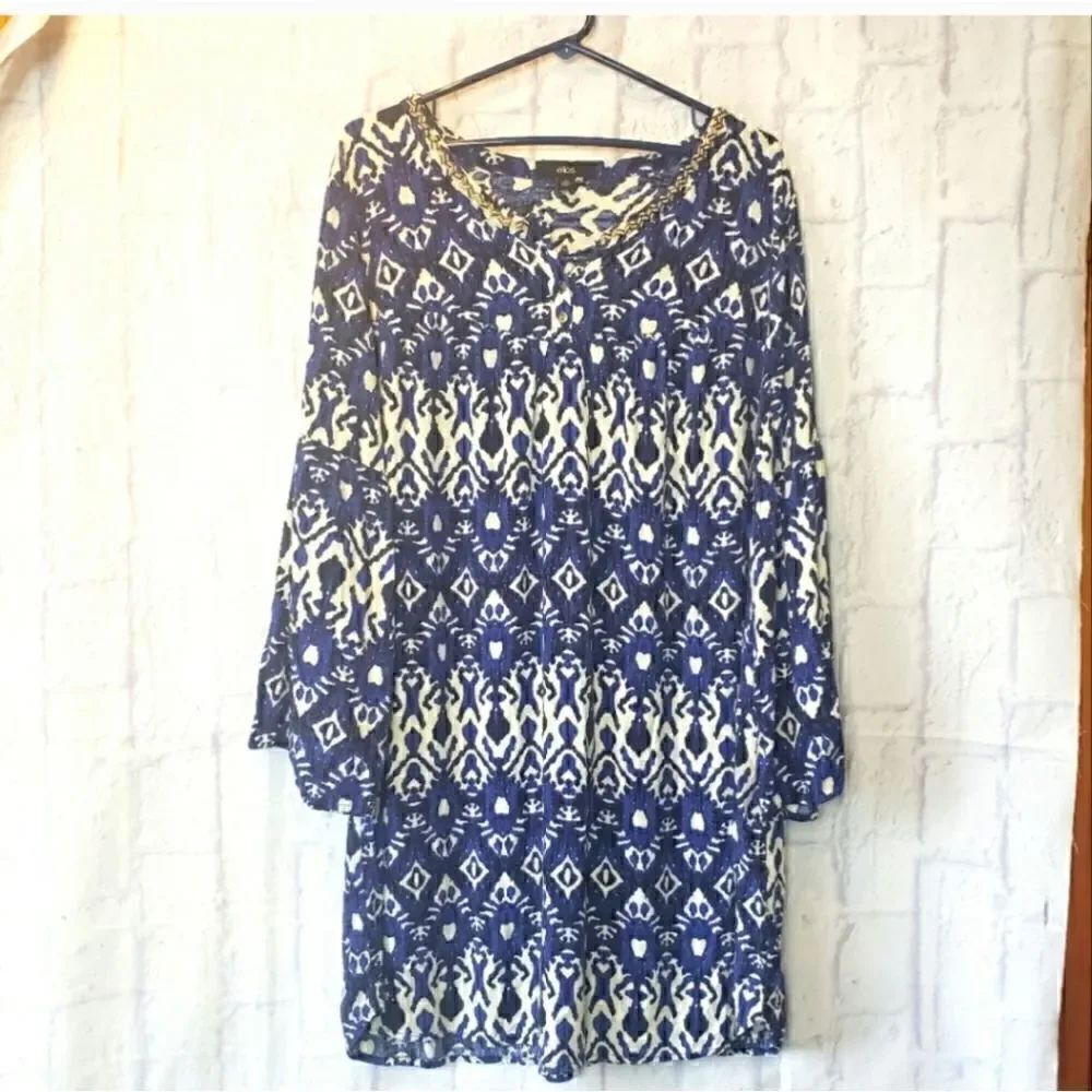 ELLOS Beaded Neckline Batik Print Popover Dress